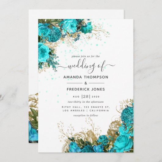 Turquoise en Gold  Floral Wedding Kaart (Voorkant / Achterkant)