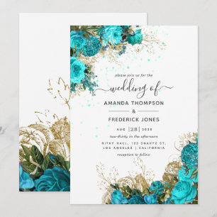 Turquoise en Gold  Floral Wedding Kaart