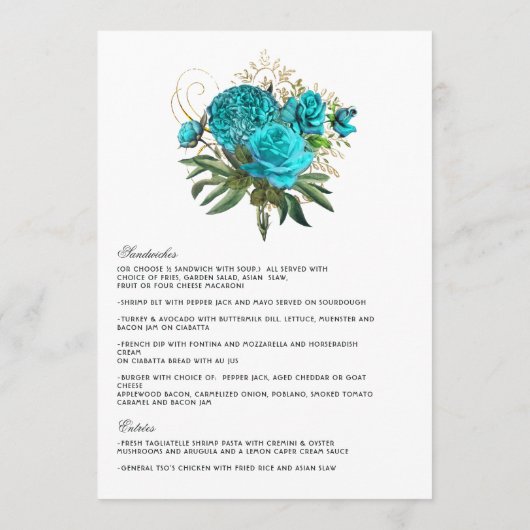 Turquoise en Gold Floral Wedding Menu (Achterkant)