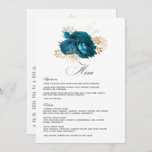 Turquoise en Gold Floral Wedding Menu (Voorkant / Achterkant)