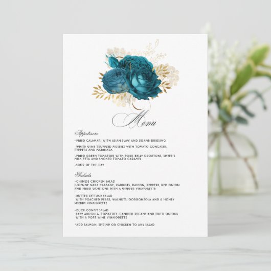 Turquoise en Gold Floral Wedding Menu (Staand voorkant)
