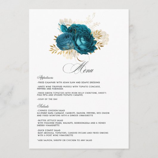 Turquoise en Gold Floral Wedding Menu (Voorkant)
