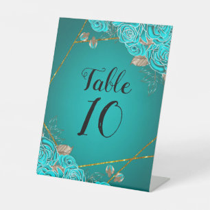 Turquoise en Gold Floral Wedding Table Number Reclamebord Met Voetstuk
