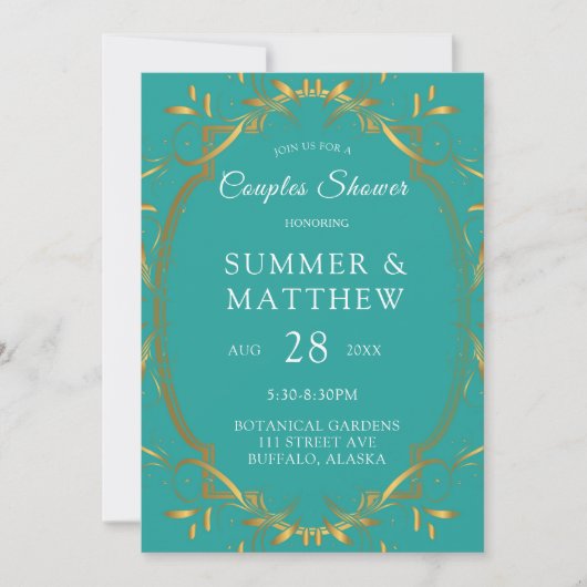 Turquoise en Gold Flourish Wedding Shower Kaart (Voorkant)