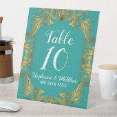 Turquoise en Gold Flourish Wedding Table Number Reclamebord Met Voetstuk (Insitu)