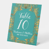 Turquoise en Gold Flourish Wedding Table Number Reclamebord Met Voetstuk (Voorkant)