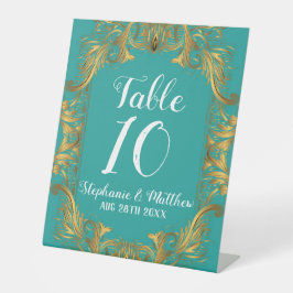 Turquoise en Gold Flourish Wedding Table Number Reclamebord Met Voetstuk