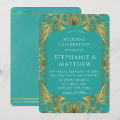 Turquoise en Gold Flourishes Wedding Kaart (Voorkant / Achterkant)