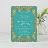 Turquoise en Gold Flourishes Wedding Kaart (Staand voorkant)