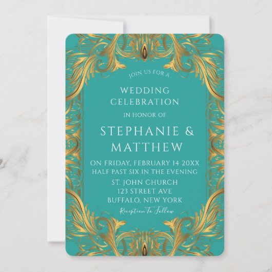 Turquoise en Gold Flourishes Wedding Kaart (Voorkant)