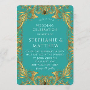 Turquoise en Gold Flourishes Wedding Kaart