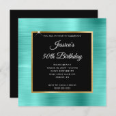 Turquoise en Gold Foil Black 50th Birthday Kaart (Voorkant / Achterkant)