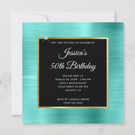 Turquoise en Gold Foil Black 50th Birthday Kaart (Voorkant)