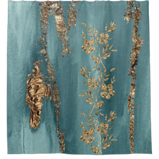 Turquoise en Gold Foil Flowers Douchegordijn