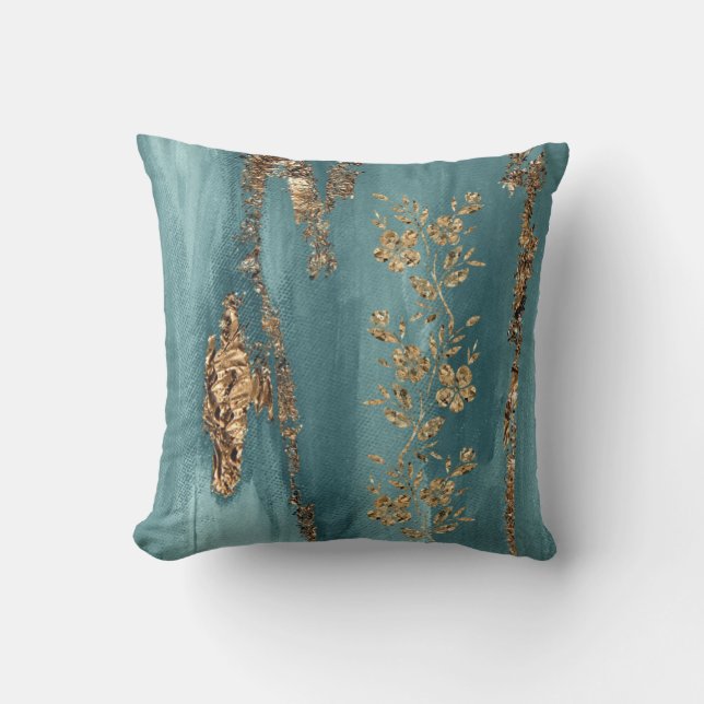 Turquoise en Gold Foil Flowers Kussen (Voorkant)