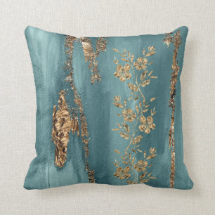 Turquoise en Gold Foil Flowers Kussen