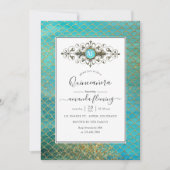 Turquoise en Gold Gemstone Mermaid Quinceañera Kaart (Voorkant)