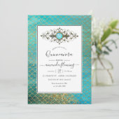 Turquoise en Gold Gemstone Mermaid Quinceañera Kaart (Staand voorkant)