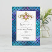 Turquoise en Gold Gemstone Mermaid Quinceañera Kaart (Staand voorkant)