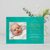 Turquoise en Gold Geometric Floral Heilige Communi Folie Uitnodiging (Staand Voorkant)