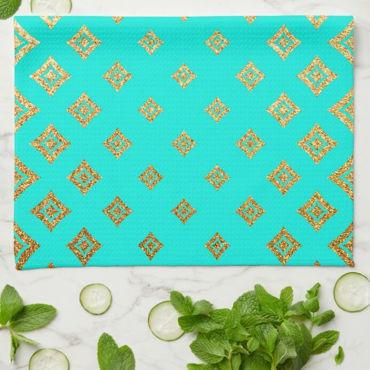 Turquoise en Gold Glitter Diamond Pattern Theedoek (Gevouwen)