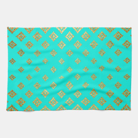Turquoise en Gold Glitter Diamond Pattern Theedoek (Horizontaal)