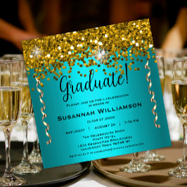Turquoise en Gold Glitter Graduation Party Kaart