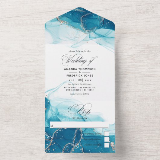 Turquoise en Gold Ink Wedding All in One Invitati All In One Uitnodiging (Binnen)