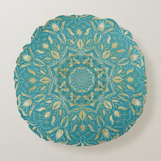Turquoise en Gold Mandala door Tina Donovan Rond Kussen (Voorkant)