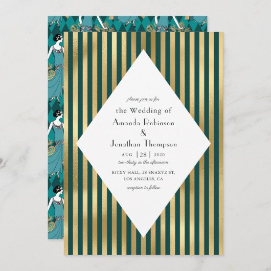 Turquoise en Gold Paris Art Deco Wedding Kaart (Voorkant / Achterkant)