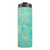 Turquoise en Gold Peacock Damask Thermosbeker (Voorkant)