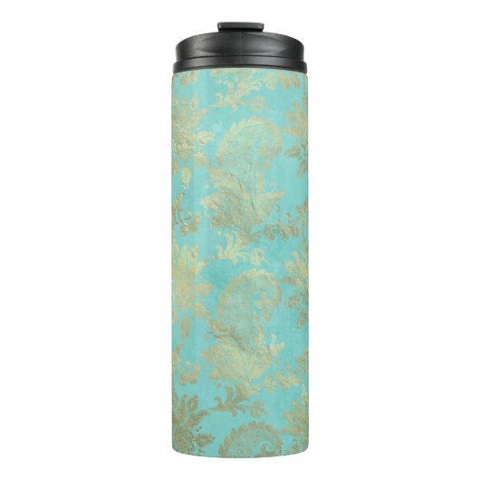 Turquoise en Gold Peacock Damask Thermosbeker (Voorkant)