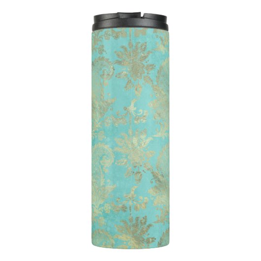 Turquoise en Gold Peacock Damask Thermosbeker (Achterkant)