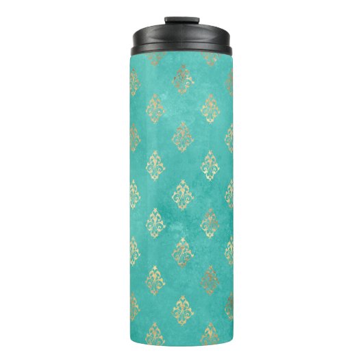 Turquoise en Gold Peacock thema Damask Thermosbeker (Voorkant)