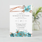 Turquoise en Gold Peony Geometric Invita Kaart (Staand voorkant)