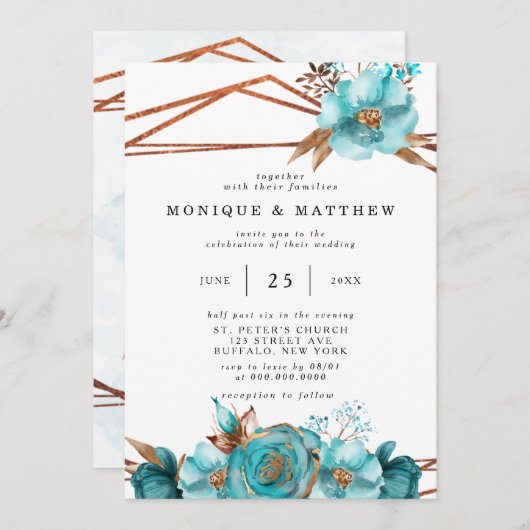 Turquoise en Gold Peony Geometric Invita Kaart (Voorkant / Achterkant)