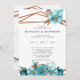  Turquoise en Gold Peony Geometric Invita Kaart