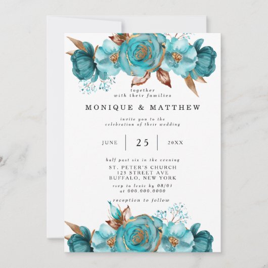 Turquoise en Gold Peony Geometric Invita Kaart (Voorkant)