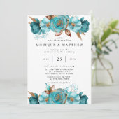  Turquoise en Gold Peony Geometric Invita Kaart (Staand voorkant)
