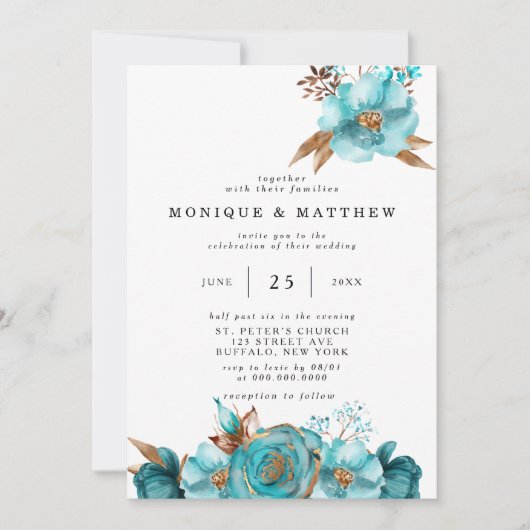  Turquoise en Gold Peony Geometric Kaart (Voorkant)