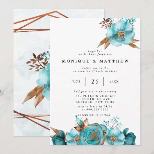  Turquoise en Gold Peony Geometric Kaart (Voorkant / Achterkant)