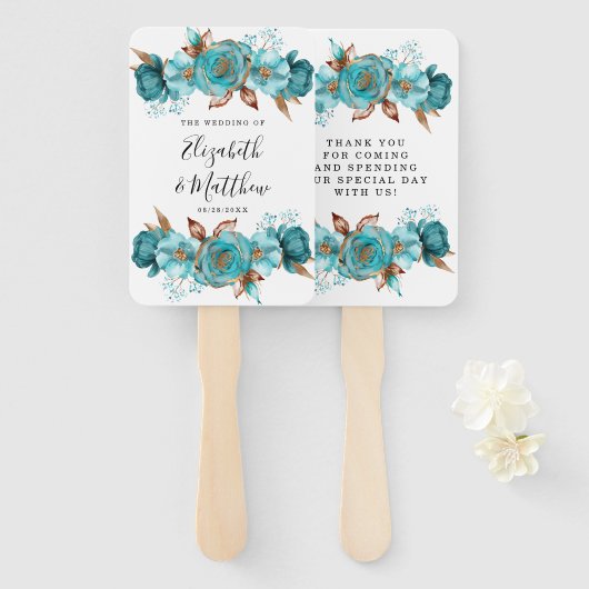  Turquoise en Gold Peony Wedding Handwaaier (Voorkant en achterkant)