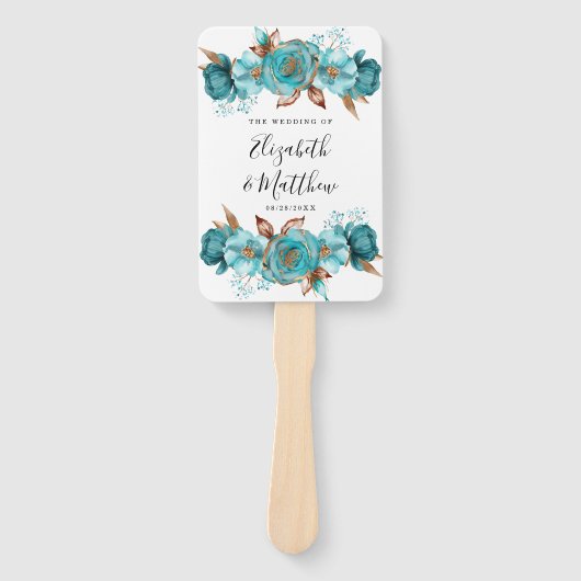  Turquoise en Gold Peony Wedding Handwaaier (Voorkant)