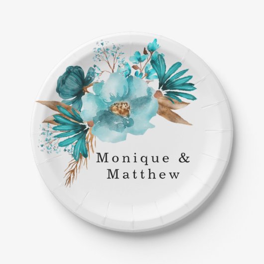  Turquoise en Gold Peony Wedding Papieren Bordje (Voorkant)