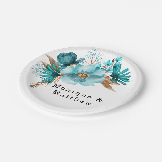  Turquoise en Gold Peony Wedding Papieren Bordje (Gekanteld)
