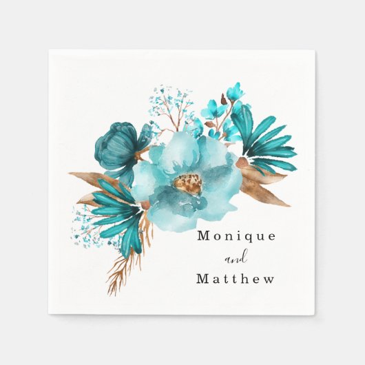  Turquoise en Gold Peony Wedding Servet (Voorkant)