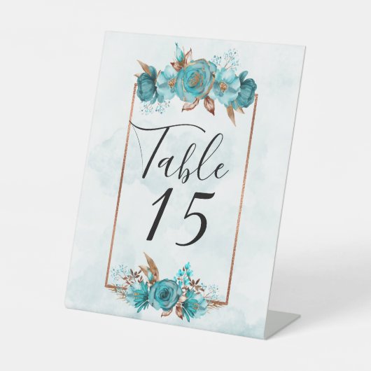 Turquoise en Gold Peony Wedding Table Number Reclamebord Met Voetstuk (Voorkant)