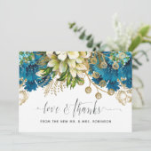  Turquoise en Gold Shabby Floral Wedding Bedankkaart (Staand voorkant)