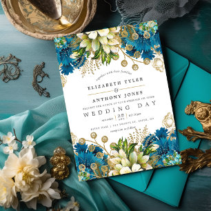 Turquoise en Gold Shabby Floral Wedding Kaart