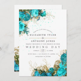  Turquoise en Gold Shabby Floral Wedding Kaart